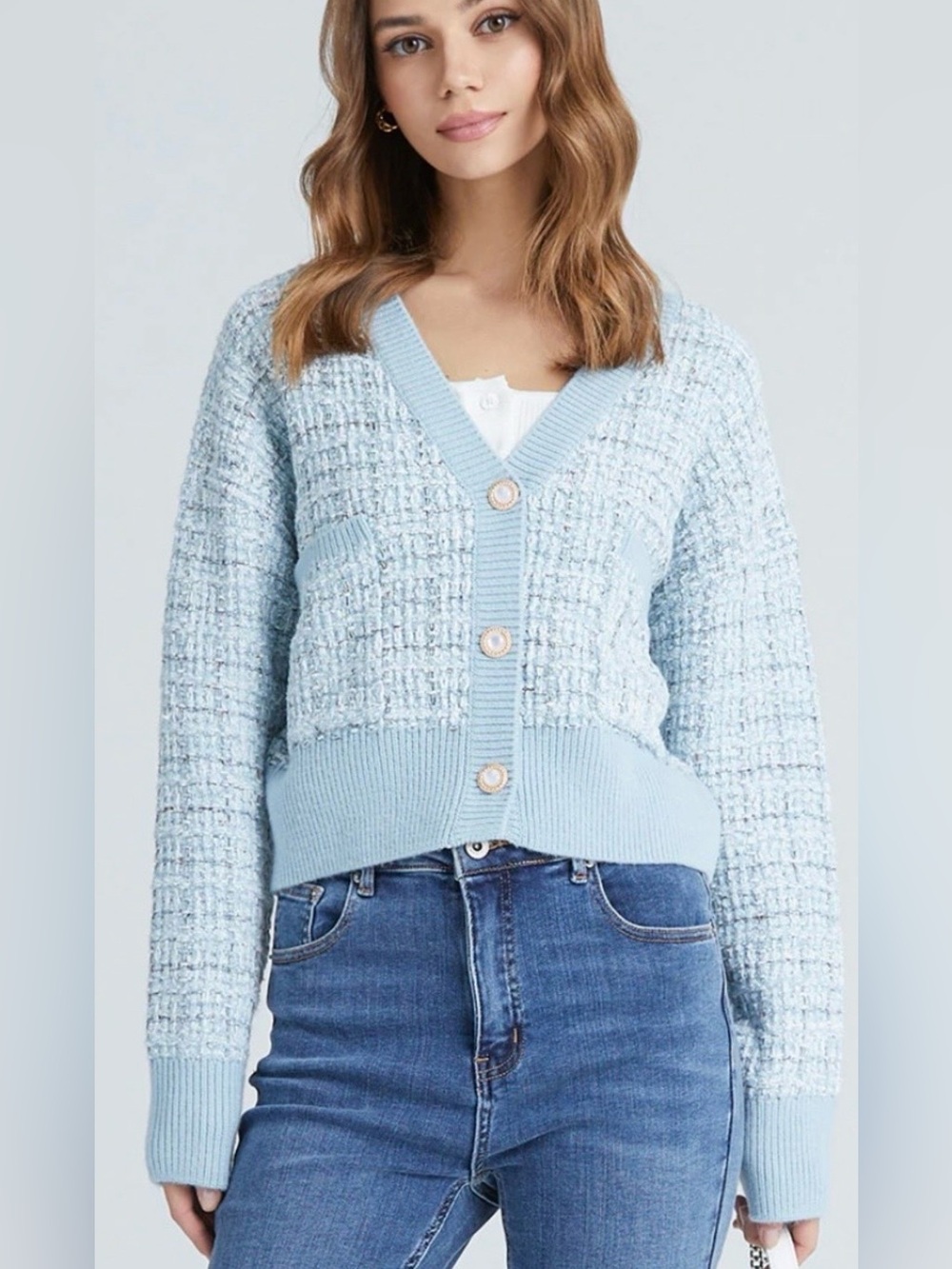 Light Blue V-Neck Textured Cardigan with Button Front
